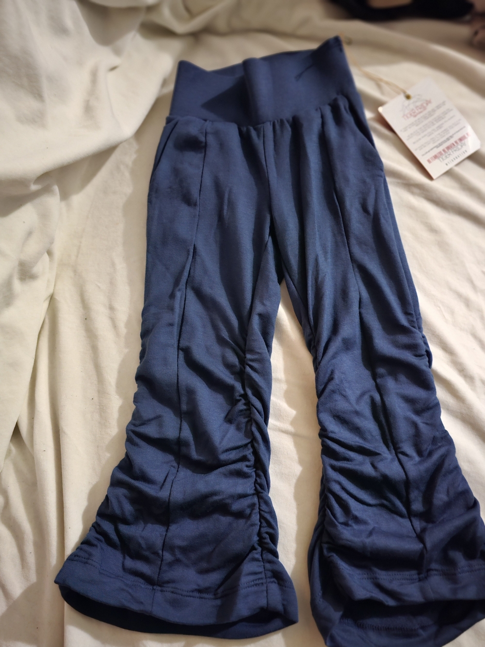 Girls Navy Blue Ruched Flare Leggings with Fold-Over Waist